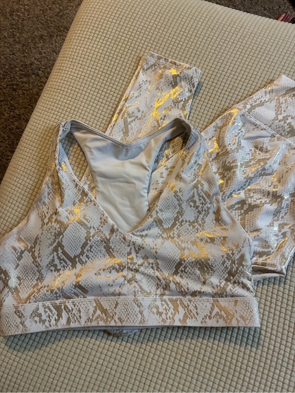 Fabletics White and Gold Snake Print Sports Bra and Leggings Set